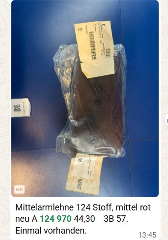 Original Mercedes W124 Mittelarmlehne Stoff Mittelrot 3B57 A1249704430 NOS – SP-2026-000452 – Ansicht 14